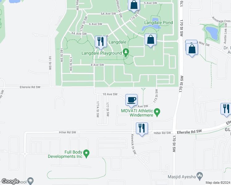 map of restaurants, bars, coffee shops, grocery stores, and more near 17606 10 Avenue Southwest in Edmonton