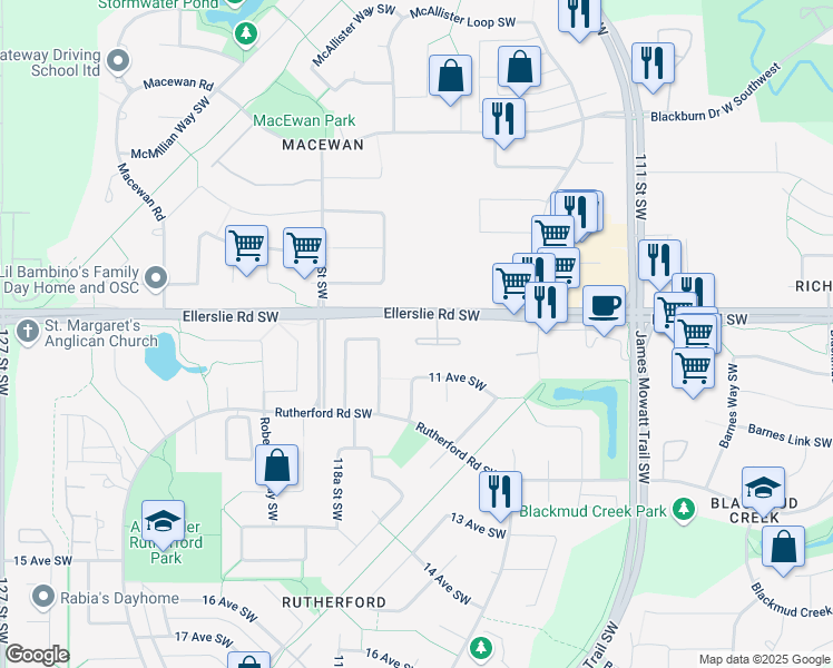 map of restaurants, bars, coffee shops, grocery stores, and more near 11615 Ellerslie Road Southwest in Edmonton