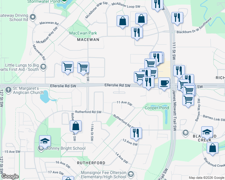map of restaurants, bars, coffee shops, grocery stores, and more near 11612 11 Avenue Southwest in Edmonton