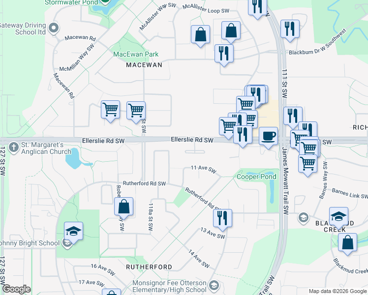 map of restaurants, bars, coffee shops, grocery stores, and more near 11612 11 Avenue Southwest in Edmonton