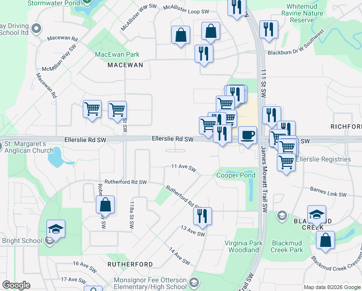 map of restaurants, bars, coffee shops, grocery stores, and more near 11505 Ellerslie Road Southwest in Edmonton