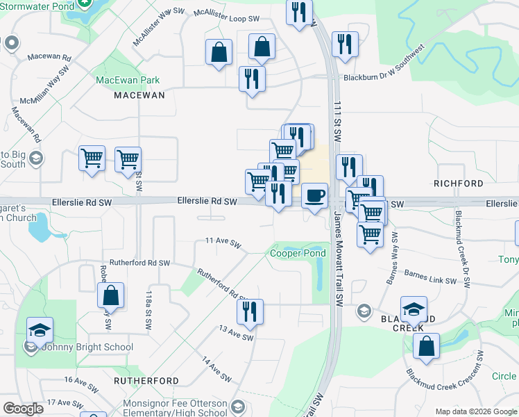 map of restaurants, bars, coffee shops, grocery stores, and more near in Edmonton