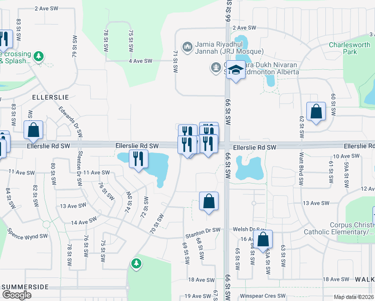 map of restaurants, bars, coffee shops, grocery stores, and more near 6975 Ellerslie Road Southwest in Edmonton