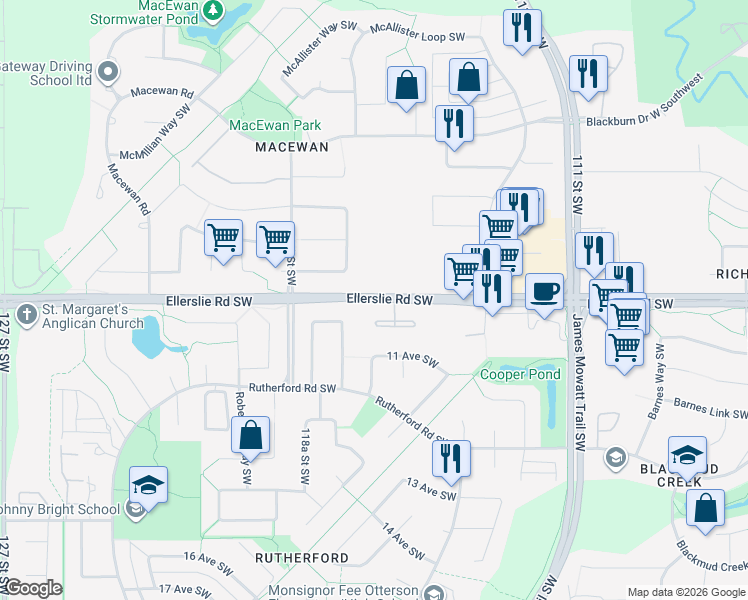 map of restaurants, bars, coffee shops, grocery stores, and more near 11606-11670 Ellerslie Road Southwest in Edmonton