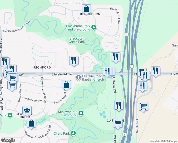 map of restaurants, bars, coffee shops, grocery stores, and more near 10530 Ellerslie Road Southwest in Edmonton