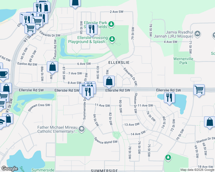 map of restaurants, bars, coffee shops, grocery stores, and more near 8215 8 Avenue Southwest in Edmonton