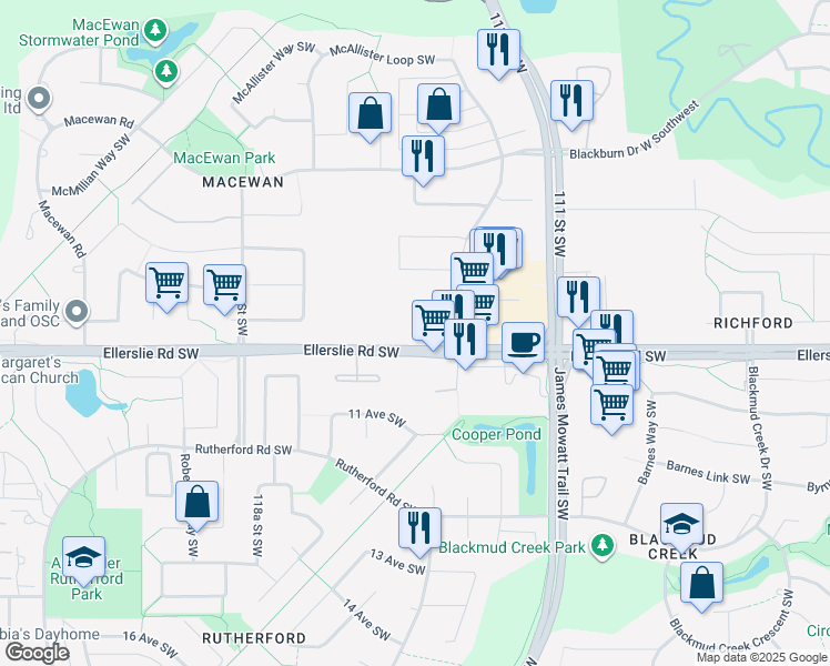 map of restaurants, bars, coffee shops, grocery stores, and more near 11448 Ellerslie Road Southwest in Edmonton