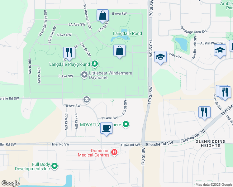 map of restaurants, bars, coffee shops, grocery stores, and more near 926 173A Street Southwest in Edmonton