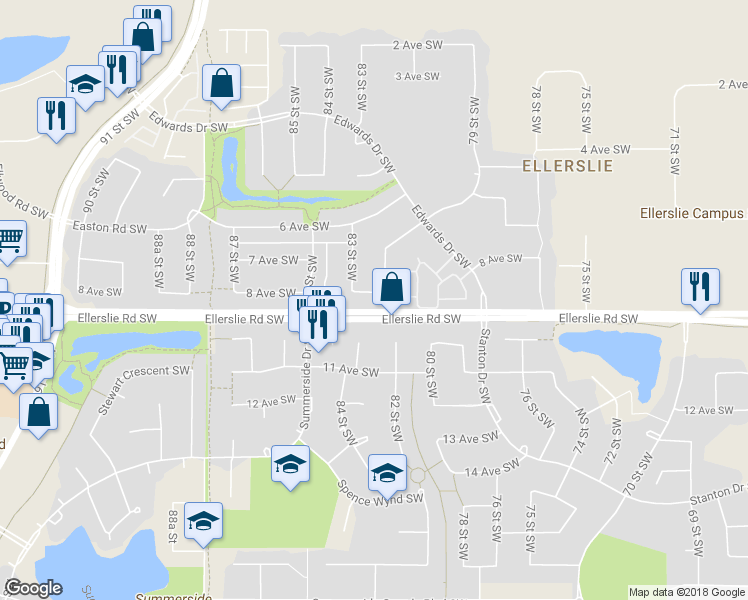 map of restaurants, bars, coffee shops, grocery stores, and more near 8215 8 Avenue Southwest in Edmonton