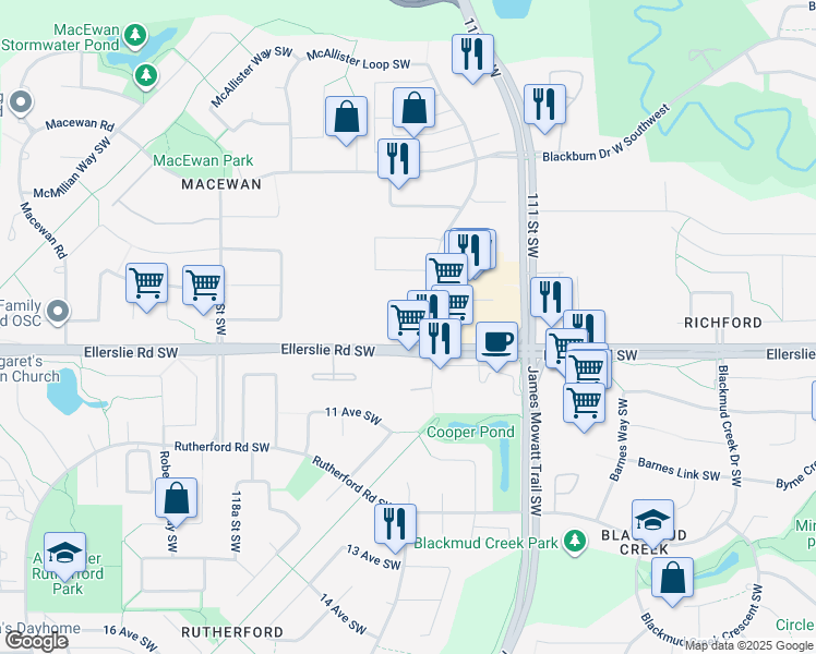 map of restaurants, bars, coffee shops, grocery stores, and more near 11444 Ellerslie Road Southwest in Edmonton