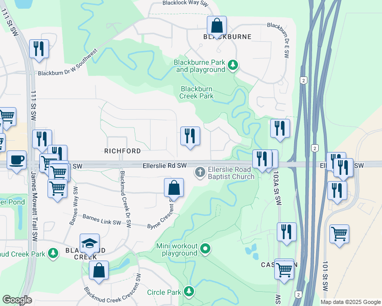 map of restaurants, bars, coffee shops, grocery stores, and more near 10618 Ellerslie Road Southwest in Edmonton