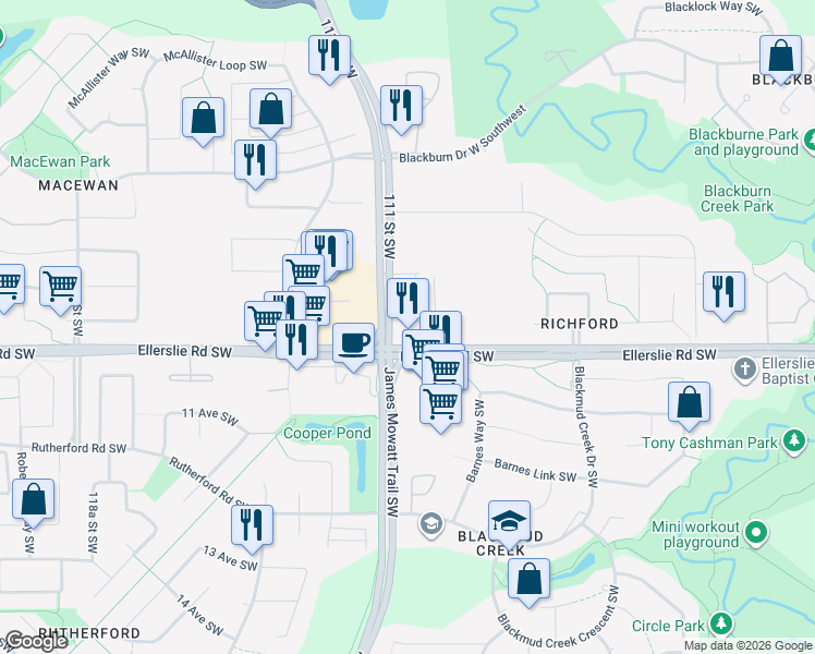 map of restaurants, bars, coffee shops, grocery stores, and more near in Edmonton