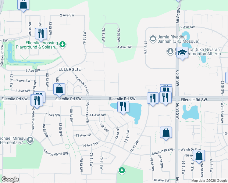 map of restaurants, bars, coffee shops, grocery stores, and more near 7550 75 Street Southwest in Edmonton