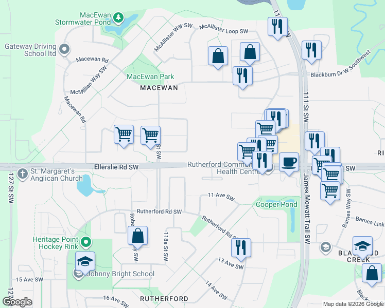 map of restaurants, bars, coffee shops, grocery stores, and more near 3570 McLean Crescent Southwest in Edmonton