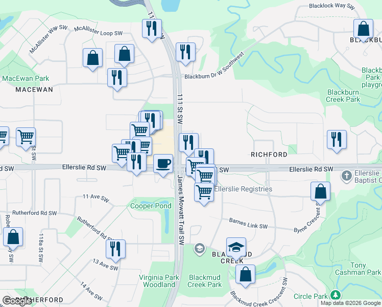 map of restaurants, bars, coffee shops, grocery stores, and more near in Edmonton