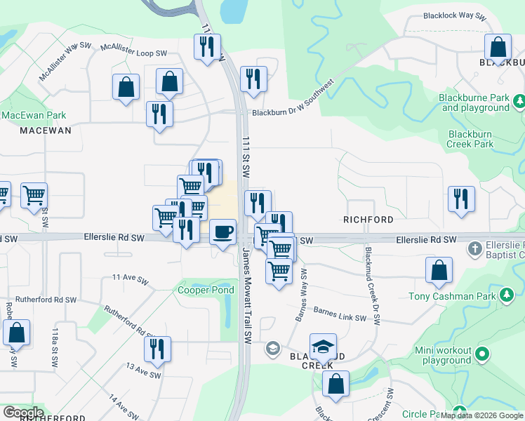 map of restaurants, bars, coffee shops, grocery stores, and more near in Edmonton