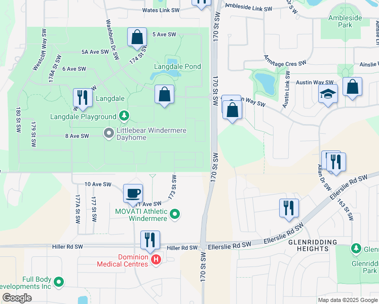 map of restaurants, bars, coffee shops, grocery stores, and more near 17239 9 Avenue Southwest in Edmonton