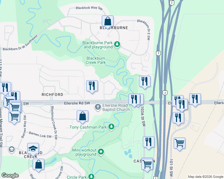 map of restaurants, bars, coffee shops, grocery stores, and more near 10530 Ellerslie Road Southwest in Edmonton