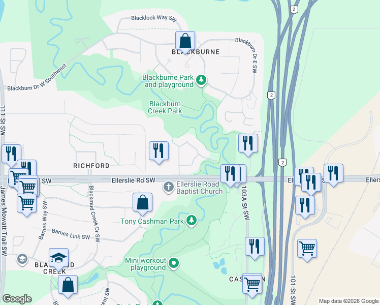 map of restaurants, bars, coffee shops, grocery stores, and more near 10530 Ellerslie Road Southwest in Edmonton