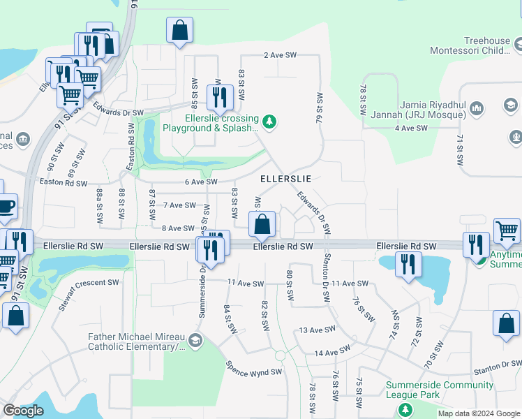 map of restaurants, bars, coffee shops, grocery stores, and more near 711 82 Street Southwest in Edmonton