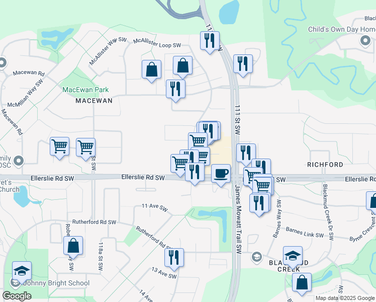 map of restaurants, bars, coffee shops, grocery stores, and more near 11440 Ellerslie Road Southwest in Edmonton