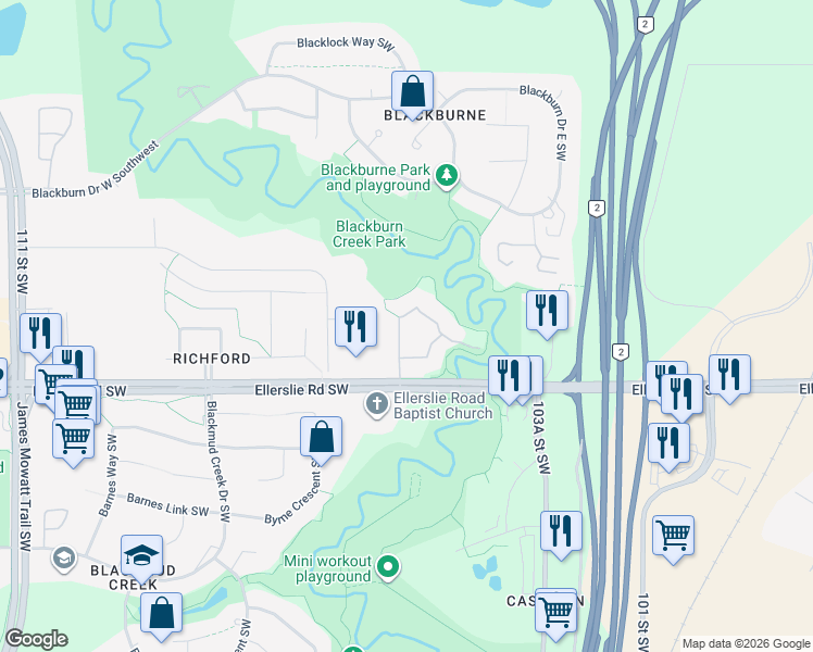 map of restaurants, bars, coffee shops, grocery stores, and more near 10440 Ellerslie Road Southwest in Edmonton