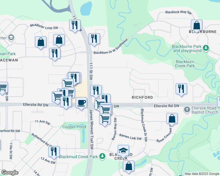 map of restaurants, bars, coffee shops, grocery stores, and more near 11020 Ellerslie Road Southwest in Edmonton