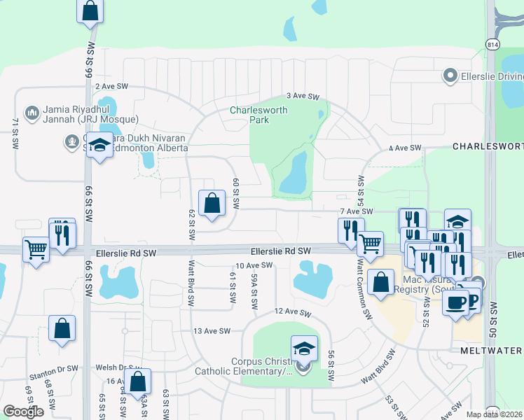 map of restaurants, bars, coffee shops, grocery stores, and more near 5903 6 Avenue Southwest in Edmonton