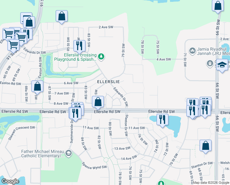 map of restaurants, bars, coffee shops, grocery stores, and more near 150 Edwards Drive Southwest in Edmonton