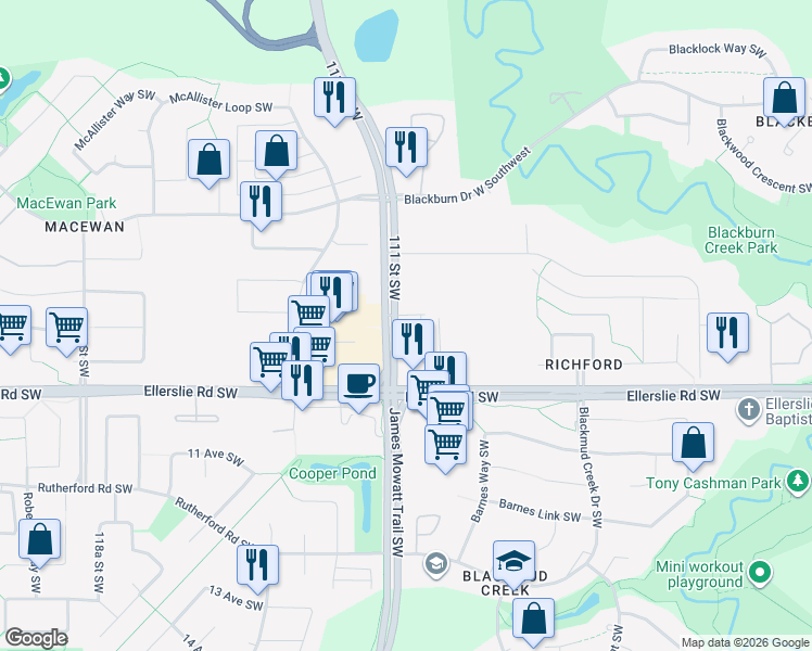 map of restaurants, bars, coffee shops, grocery stores, and more near 702 111 Street Southwest in Edmonton