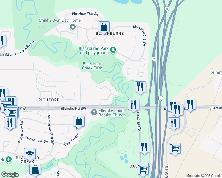 map of restaurants, bars, coffee shops, grocery stores, and more near 10550 Ellerslie Road Southwest in Edmonton