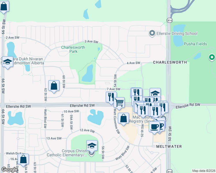 map of restaurants, bars, coffee shops, grocery stores, and more near 5503 6 Avenue Southwest in Edmonton