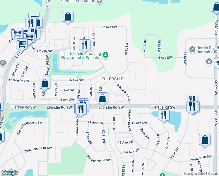 map of restaurants, bars, coffee shops, grocery stores, and more near 150 Edwards Drive Southwest in Edmonton