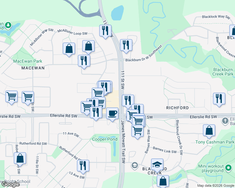 map of restaurants, bars, coffee shops, grocery stores, and more near 702 111 Street Southwest in Edmonton