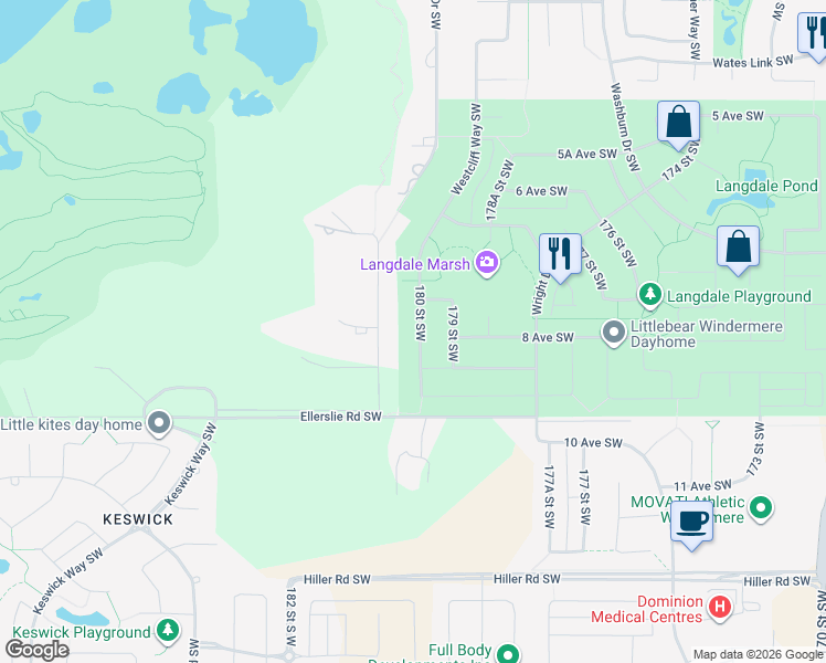 map of restaurants, bars, coffee shops, grocery stores, and more near 724 180 Street Southwest in Edmonton