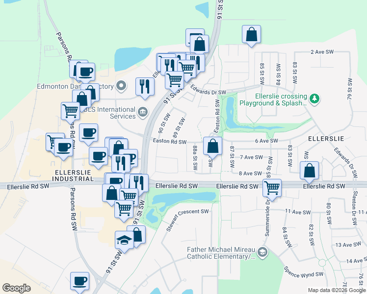 map of restaurants, bars, coffee shops, grocery stores, and more near 153 Easton Road Southwest in Edmonton