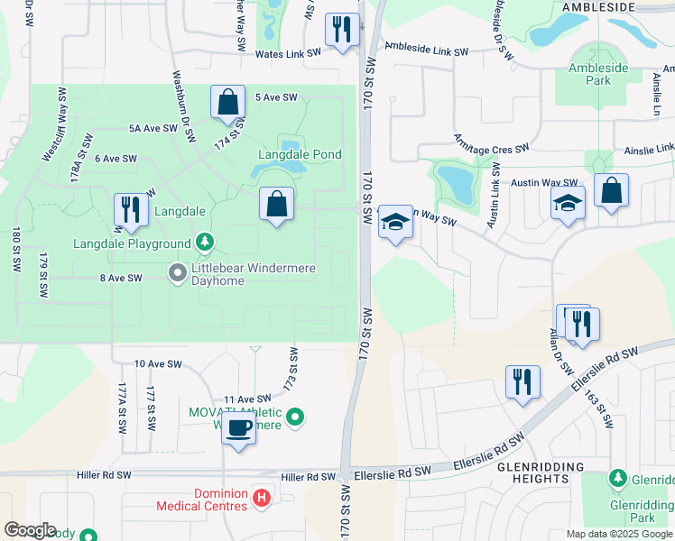 map of restaurants, bars, coffee shops, grocery stores, and more near 819 172 Street Southwest in Edmonton