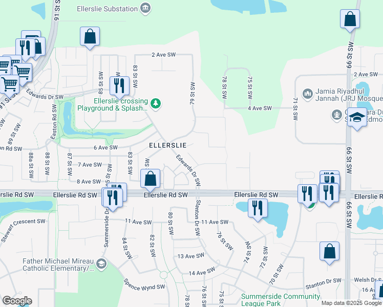 map of restaurants, bars, coffee shops, grocery stores, and more near 151 Edwards Drive Southwest in Edmonton