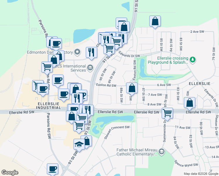map of restaurants, bars, coffee shops, grocery stores, and more near 153 Easton Road Southwest in Edmonton