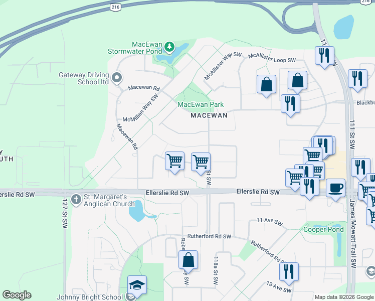 map of restaurants, bars, coffee shops, grocery stores, and more near 3431 McKay Lane Southwest in Edmonton