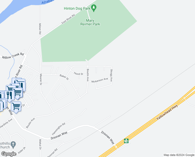 map of restaurants, bars, coffee shops, grocery stores, and more near 146 Nickerson Avenue in Hinton