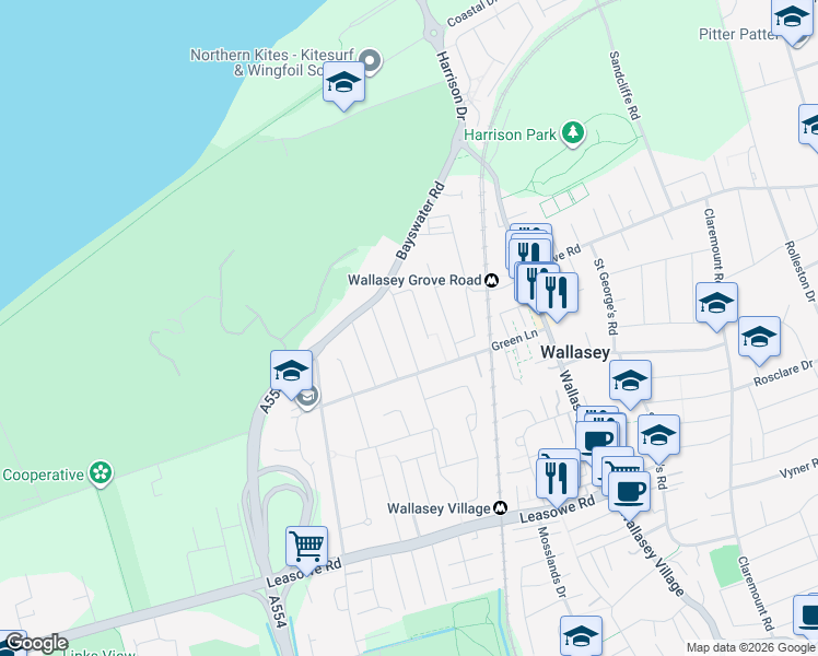 map of restaurants, bars, coffee shops, grocery stores, and more near Barmouth Road in Merseyside
