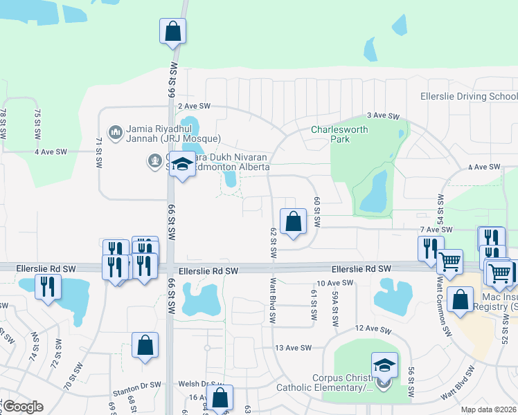 map of restaurants, bars, coffee shops, grocery stores, and more near in Edmonton