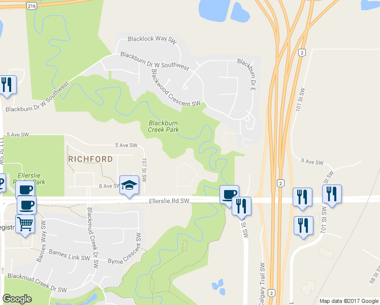 map of restaurants, bars, coffee shops, grocery stores, and more near 10440 Ellerslie Road Southwest in Edmonton