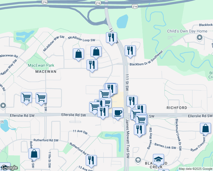 map of restaurants, bars, coffee shops, grocery stores, and more near 3943 McMullen Green Southwest in Edmonton