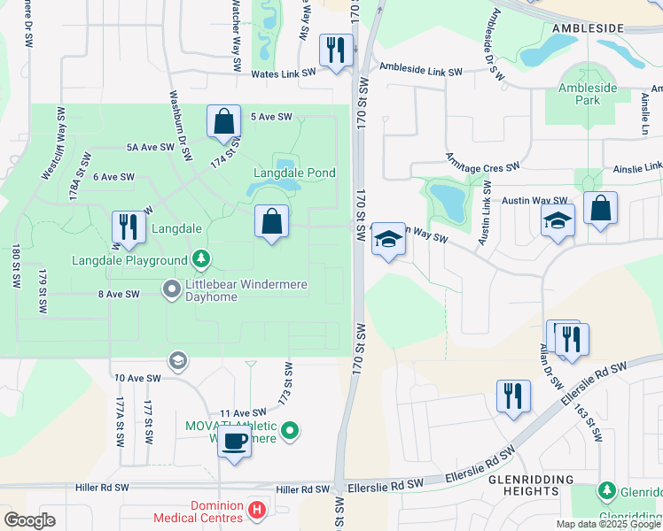 map of restaurants, bars, coffee shops, grocery stores, and more near 723 172 Street Southwest in Edmonton