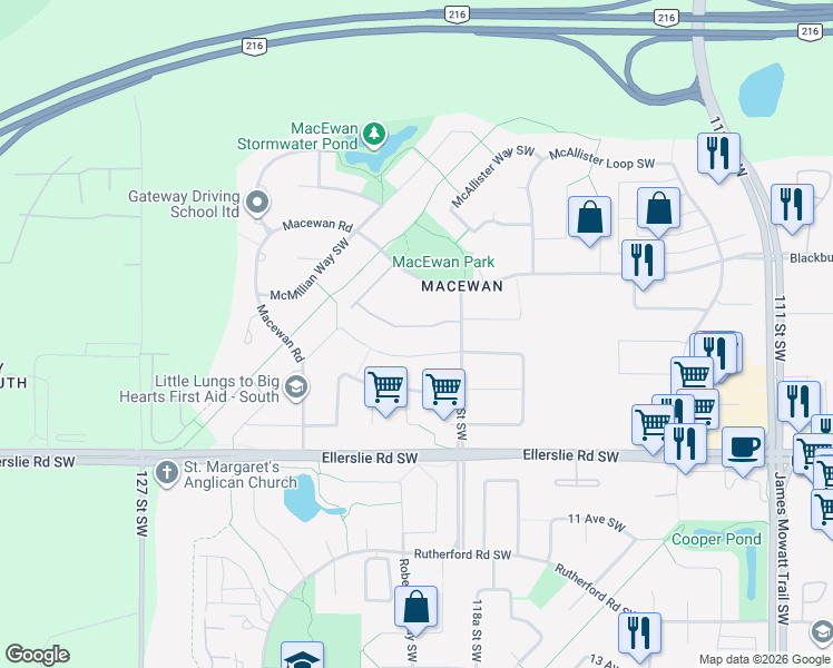 map of restaurants, bars, coffee shops, grocery stores, and more near 3431 McKay Lane Southwest in Edmonton