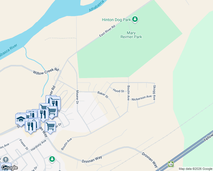 map of restaurants, bars, coffee shops, grocery stores, and more near 178 Wilson Avenue in Hinton