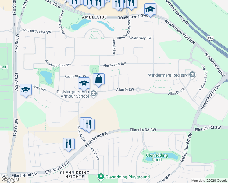 map of restaurants, bars, coffee shops, grocery stores, and more near 3697 Allan Drive Southwest in Edmonton