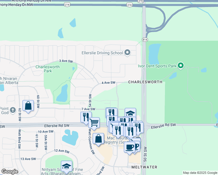 map of restaurants, bars, coffee shops, grocery stores, and more near 5207 4 Avenue Southwest in Edmonton